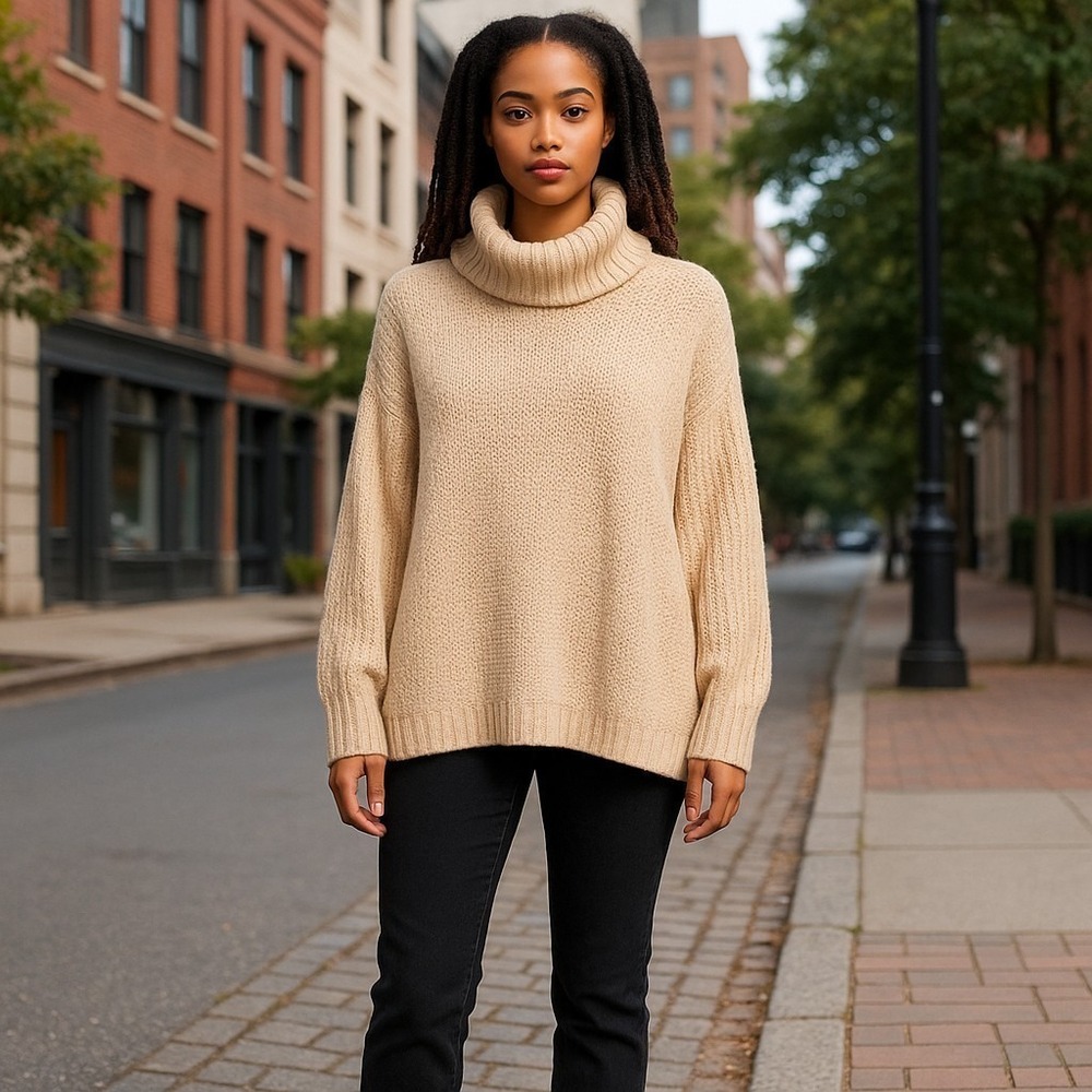 Doe & Rae Turtleneck Sweater Women Large Beige Oversized Chunky Knit Cowl Neck